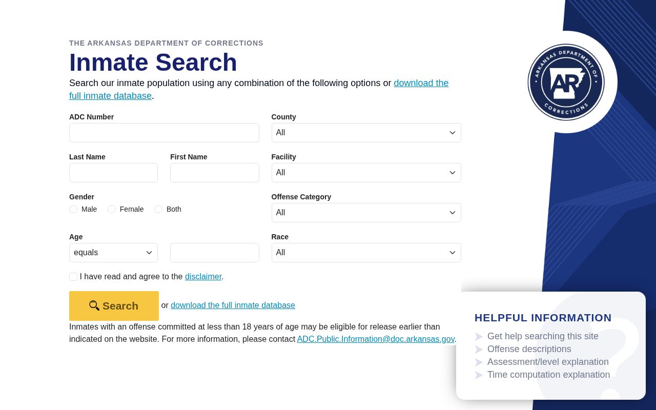 Arkansas ADC search for Calhoun County offender records and correction photos