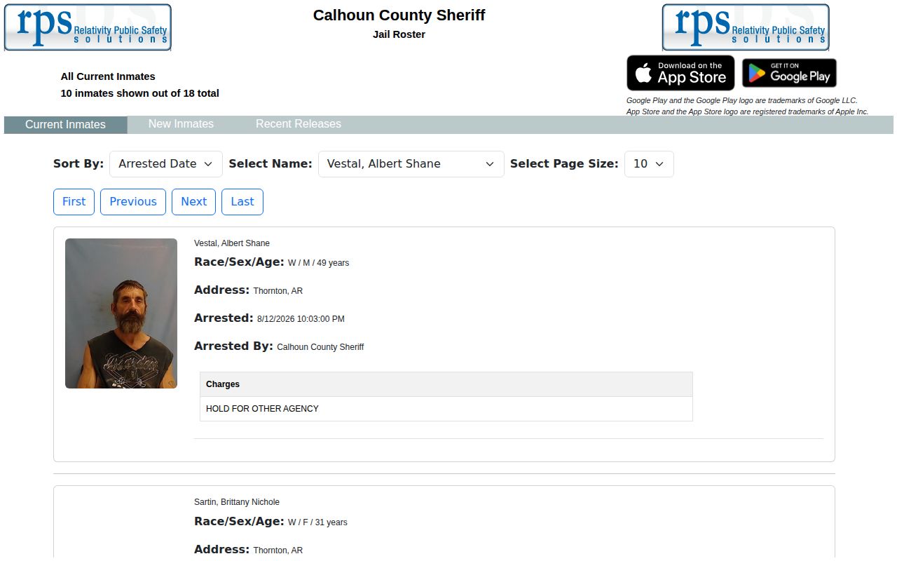 Calhoun County current jail roster and booking record search interface