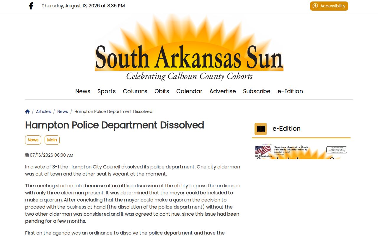 Hampton police dissolution report affecting Calhoun County arrest records