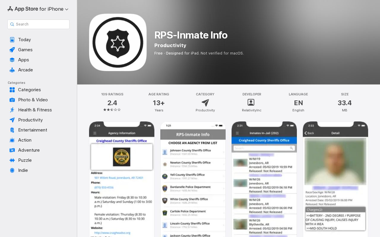 Calhoun County booking record app interface for warrant context